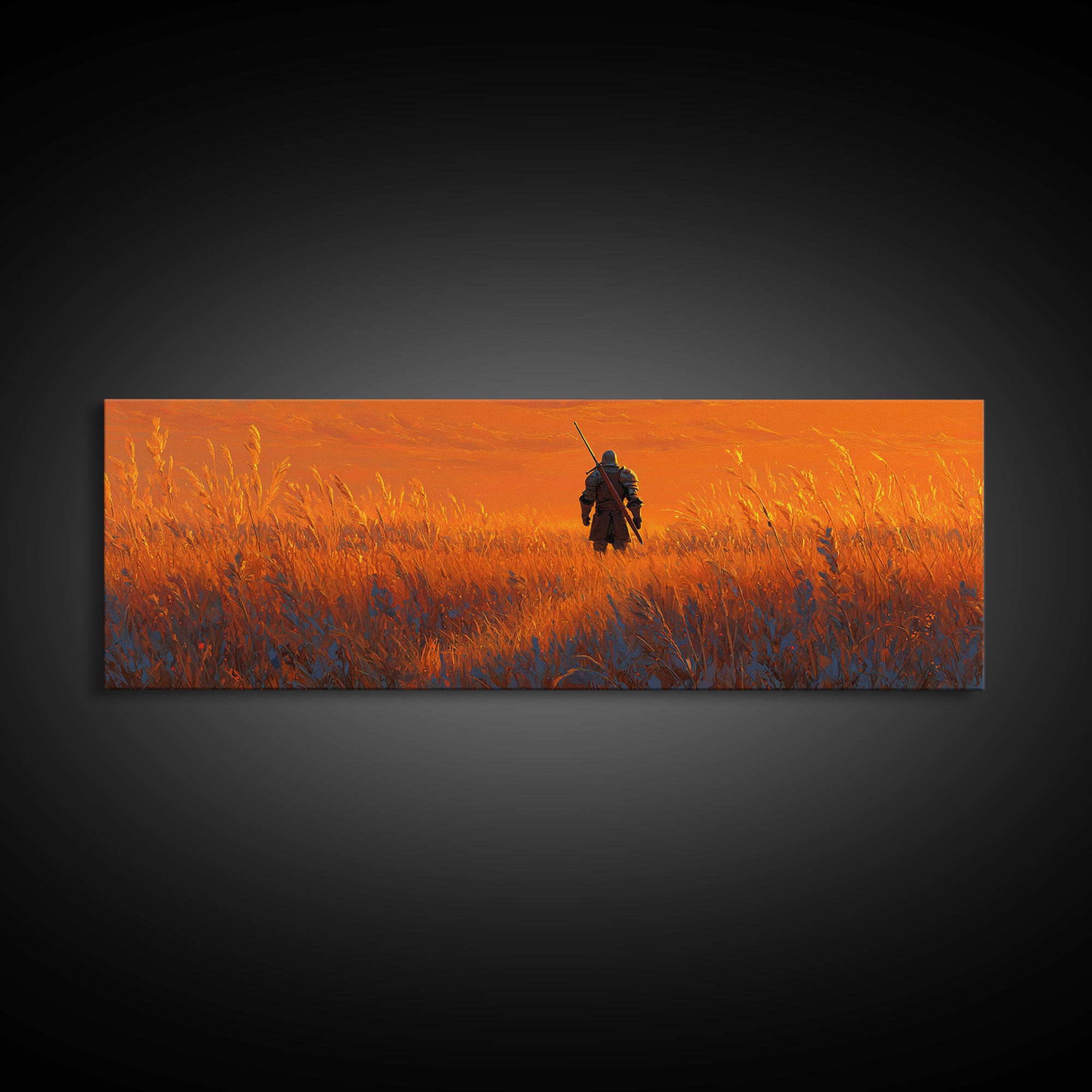 Epic Warrior Standing in Fiery Field Fantasy Painting Wall Art Framed Canvas Print with Dramatic Sky for Home and Office Decor