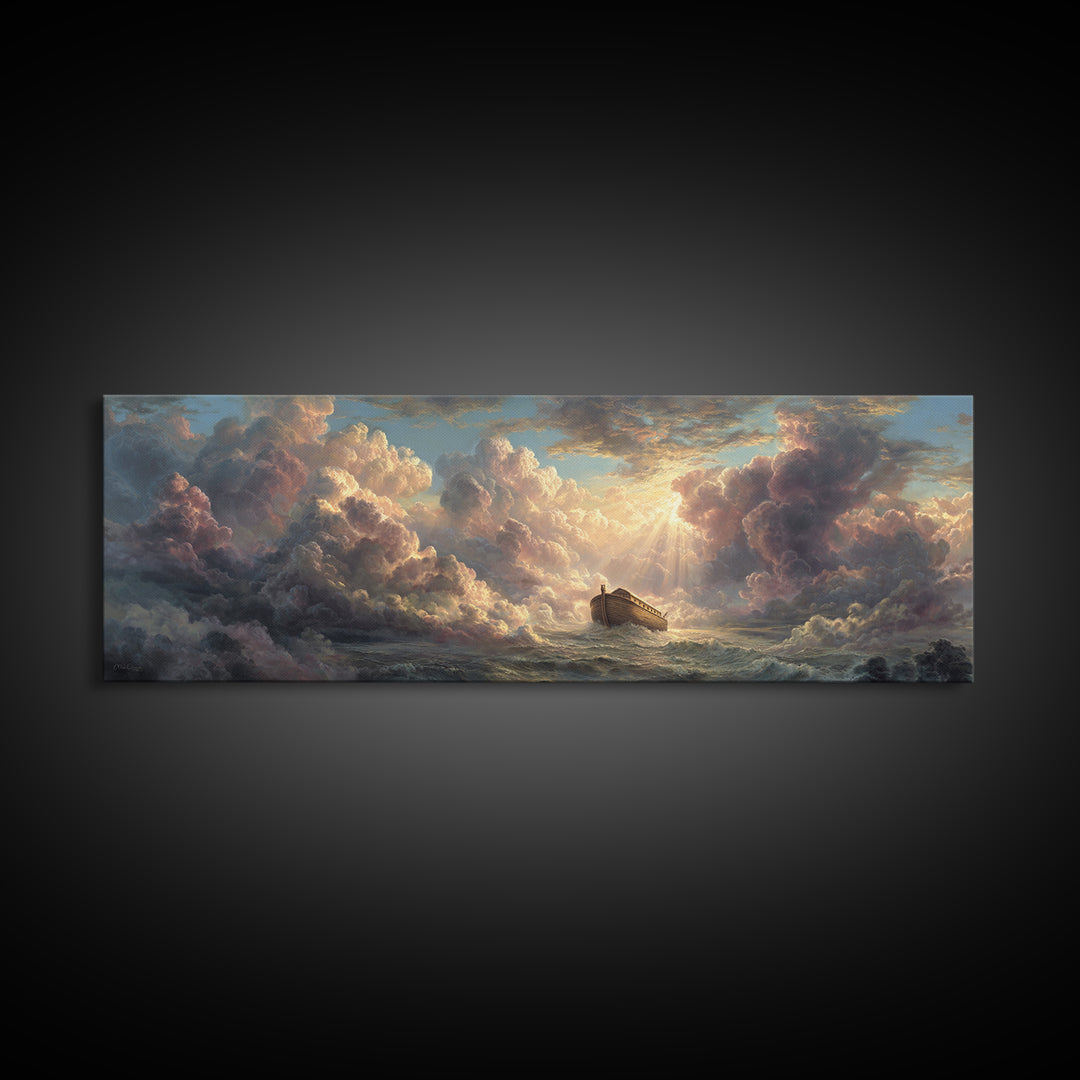 Epic Noah's Ark Floating On Stormy Sea With Divine Light Breaking Through Clouds Canvas Print