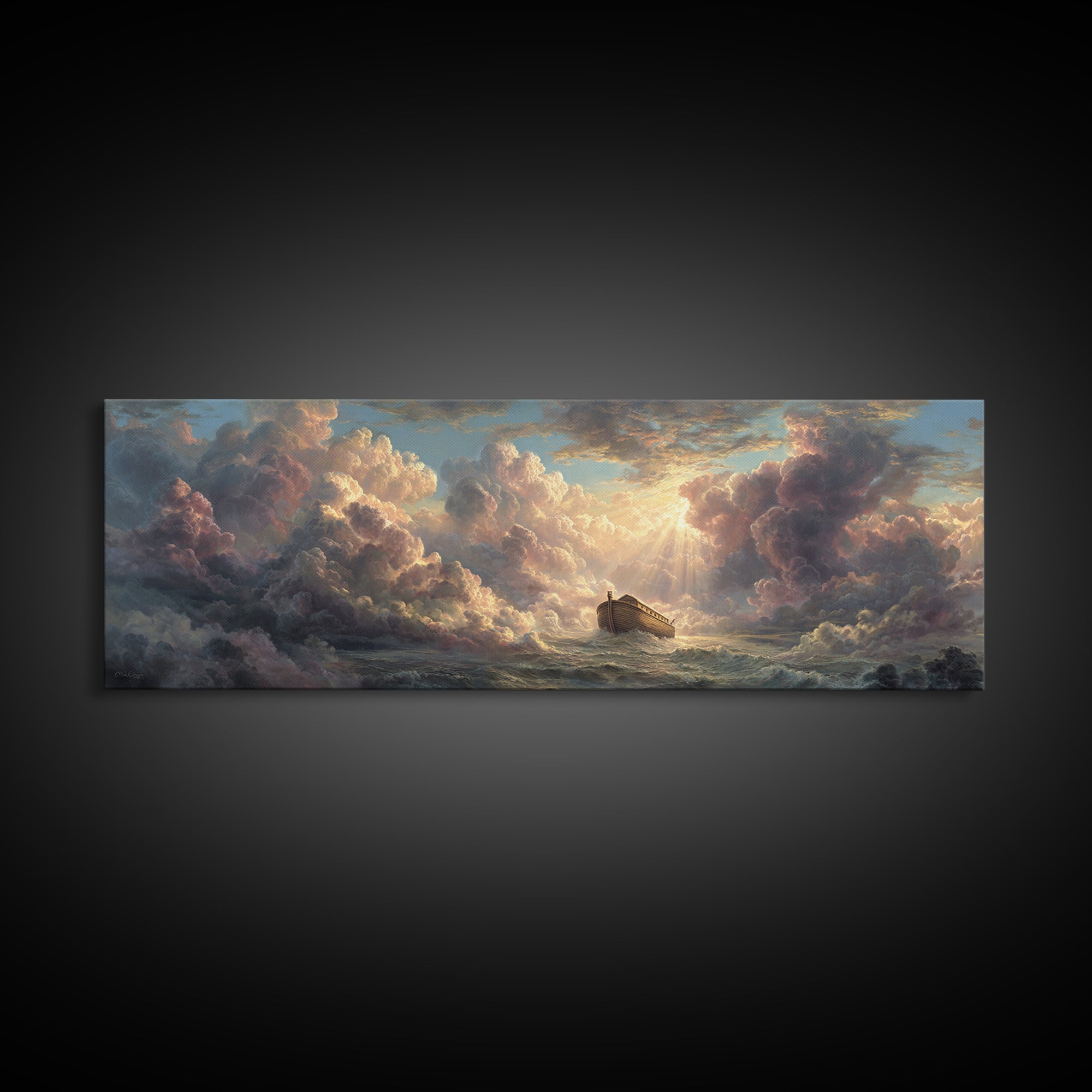 Epic Noah's Ark Floating On Stormy Sea With Divine Light Breaking Through Clouds Canvas Print