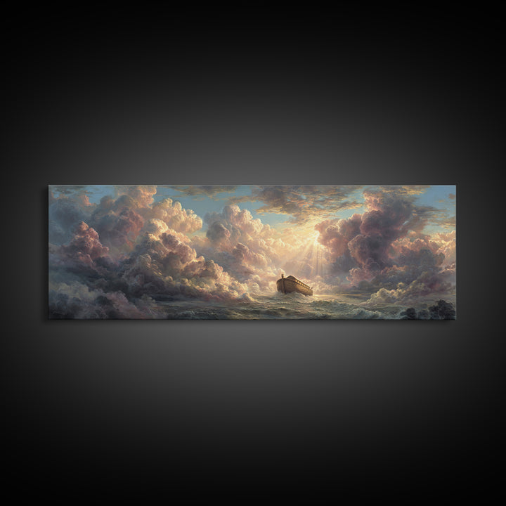 Epic Noah's Ark Floating On Stormy Sea With Divine Light Breaking Through Clouds Canvas Print