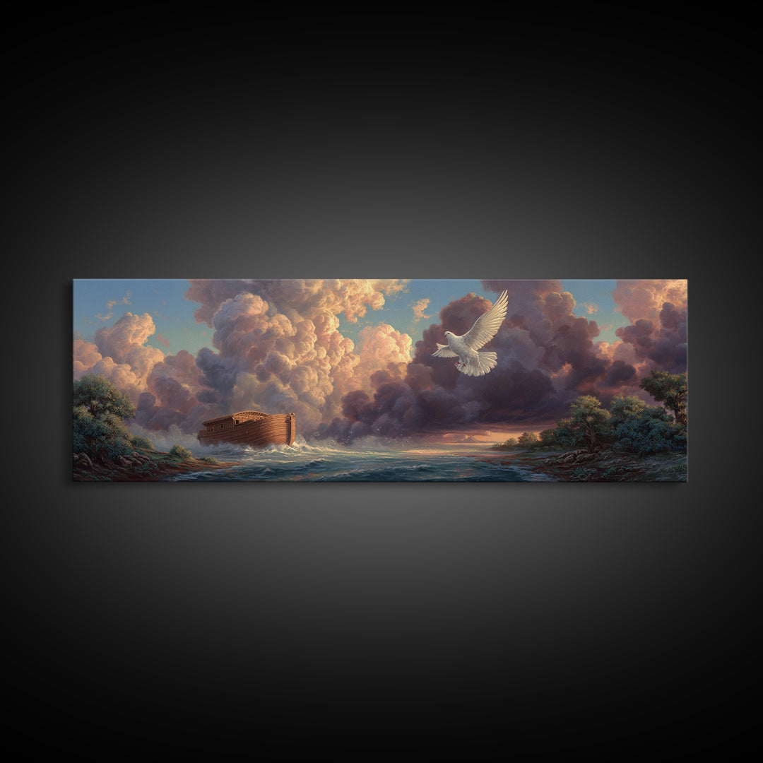 Serene Noahs Ark Ocean Landscape With Dove And Dramatic Sky Inspirational Wall Art Framed Canvas Print