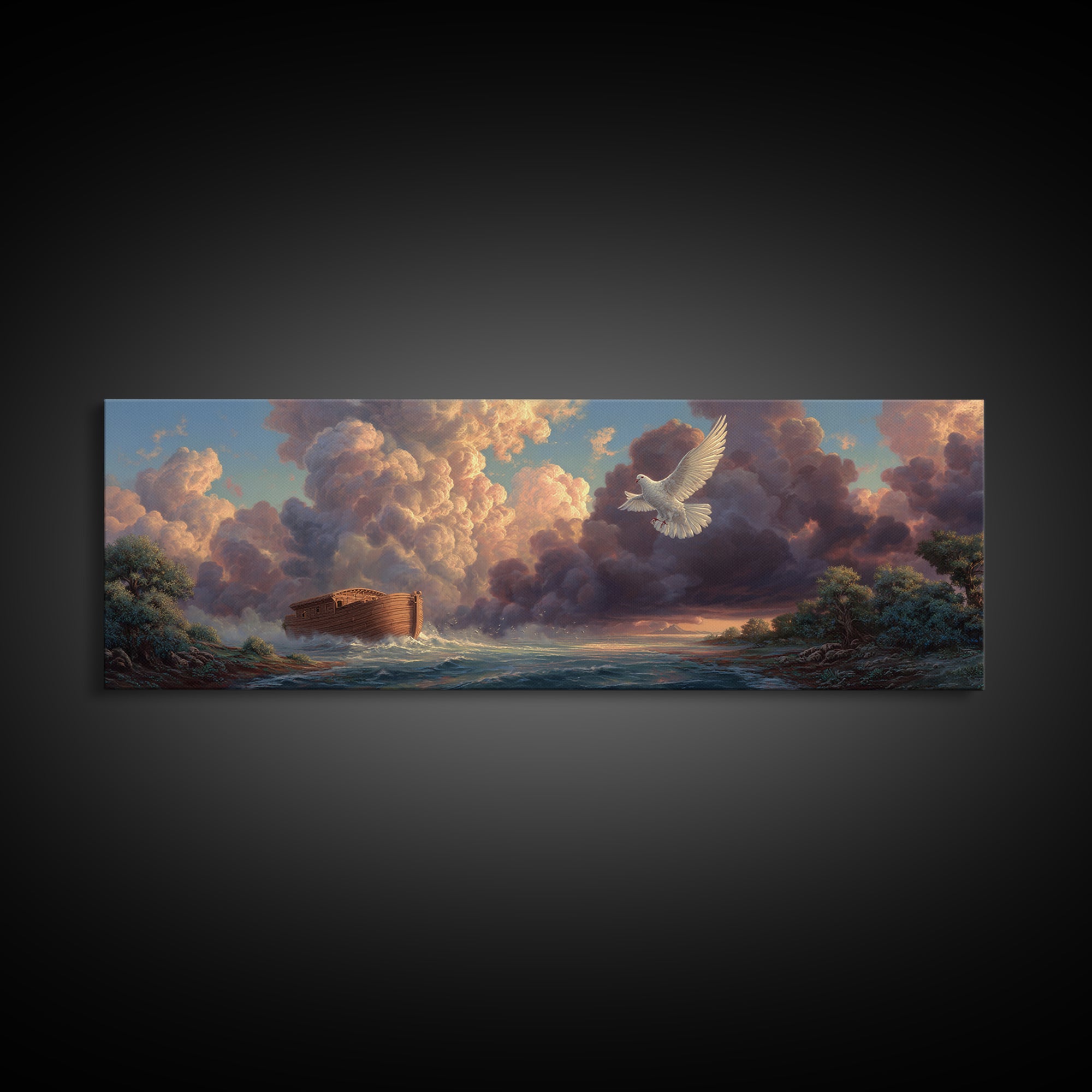 Serene Noahs Ark Ocean Landscape With Dove And Dramatic Sky Inspirational Wall Art Framed Canvas Print