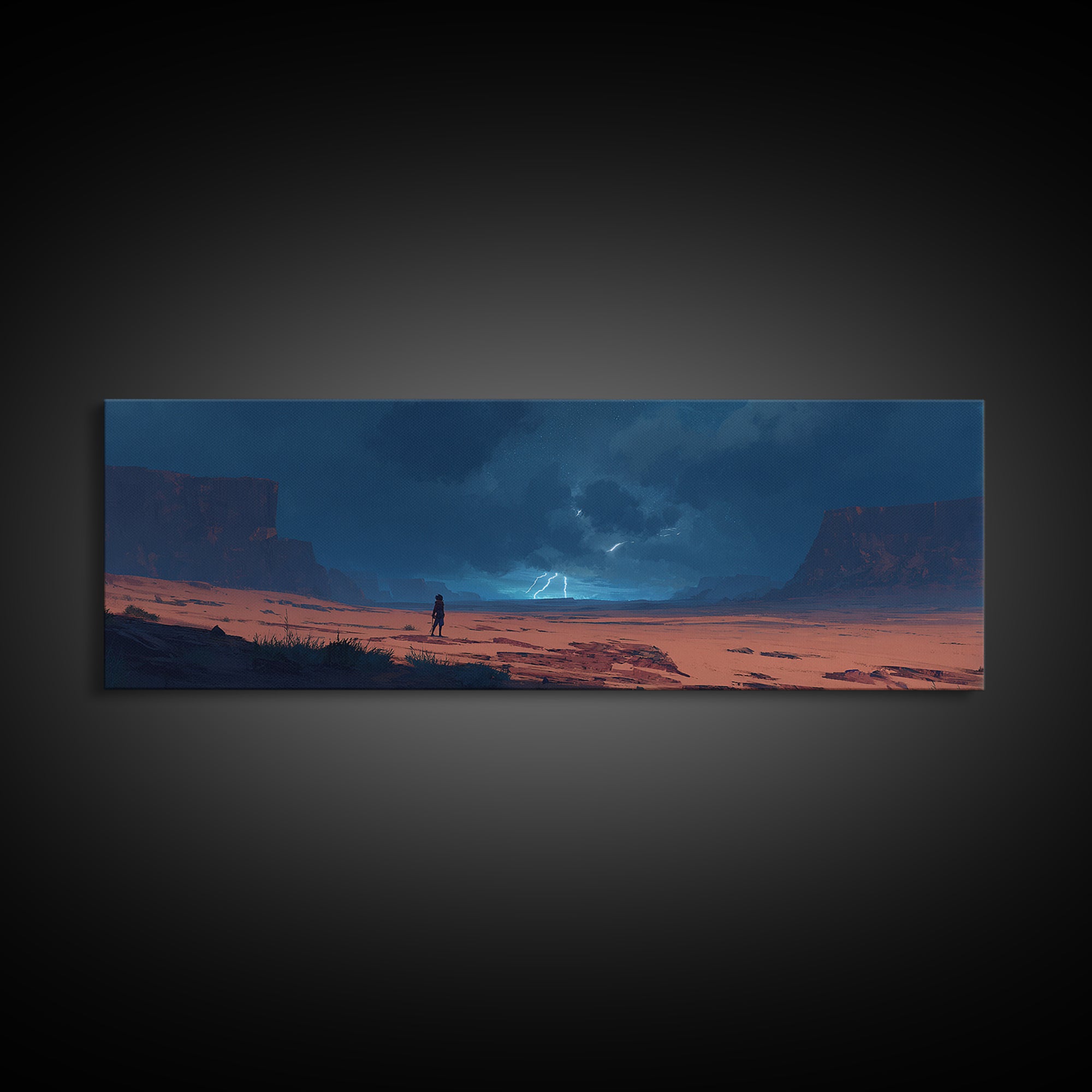 Moody Desert Landscape Lightning Storm Digital Painting Dramatic Wall Art Framed Canvas Print Modern Home Decor