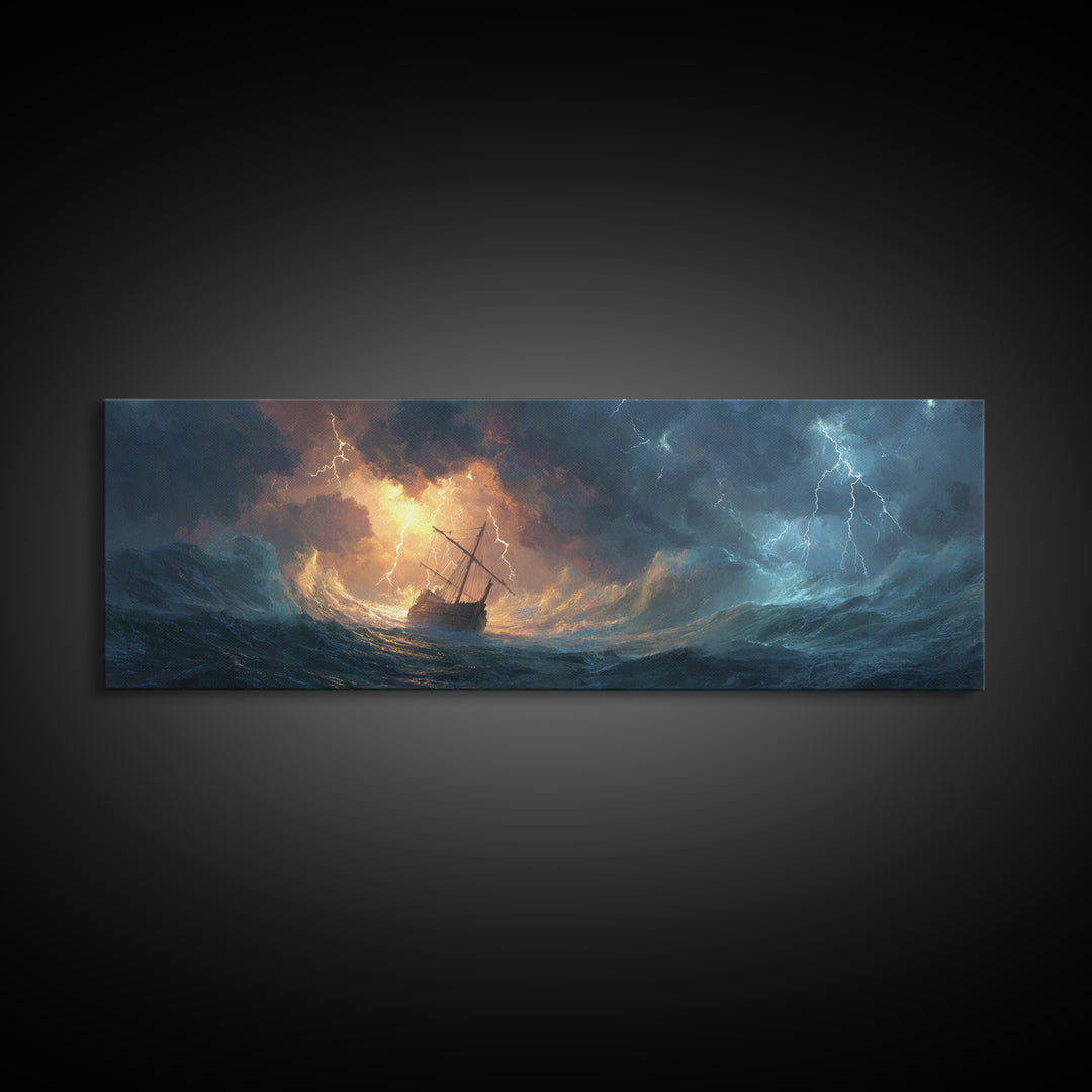 Stormy Ocean Ship In Lightning And Waves Painting Dramatic Seascape Wall Art Framed Canvas Print Perfect For Coastal Living Room Or Nautical Office Decor
