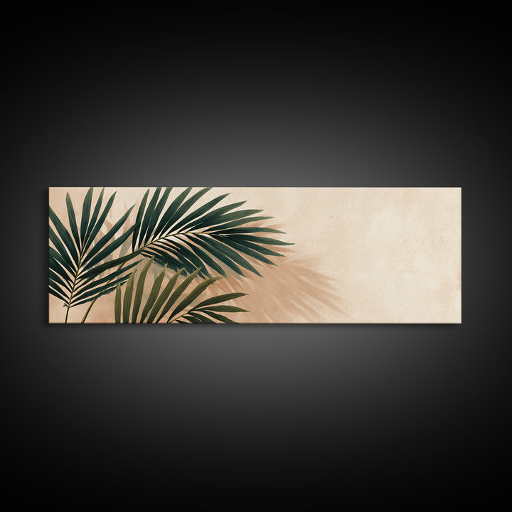 Tropical Palm Leaf Shadows Wall Art, Minimal Botanical Canvas Print, Coastal Boho Home Decor, Neutral Beige Living Room Art