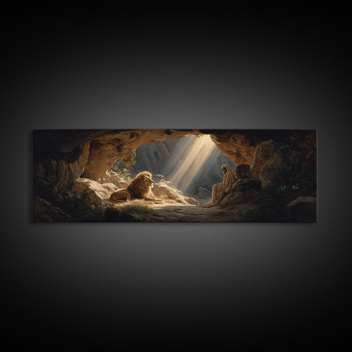 Sunlit Cave Scene With Lion And Sage Figure Painting Wall Art Framed Canvas Print For Mystical Home Decor