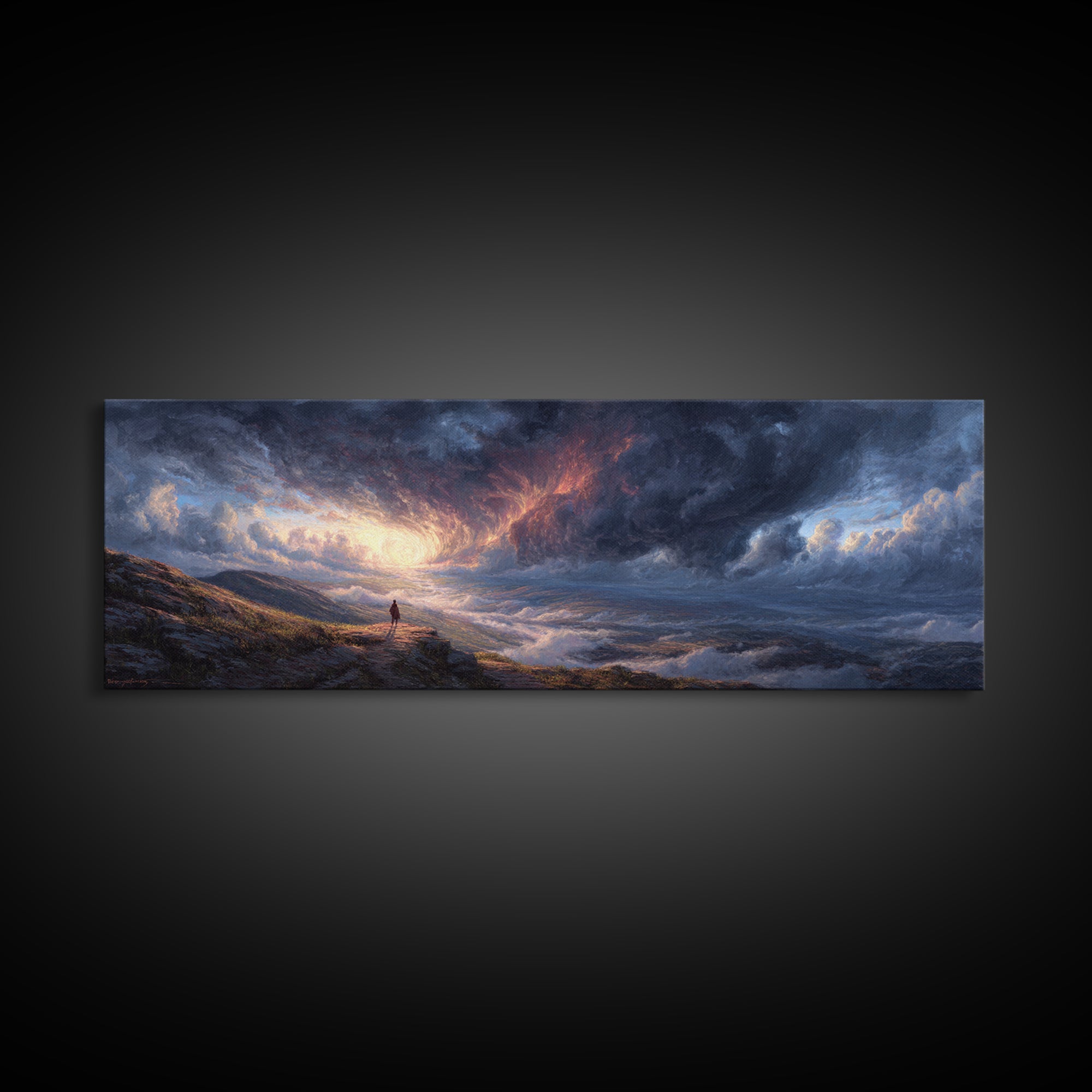 Moody Dramatic Ocean Sky Painting Wall Art Framed Canvas Print Landscape Art with Captivating Sunrise for Living Room and Office