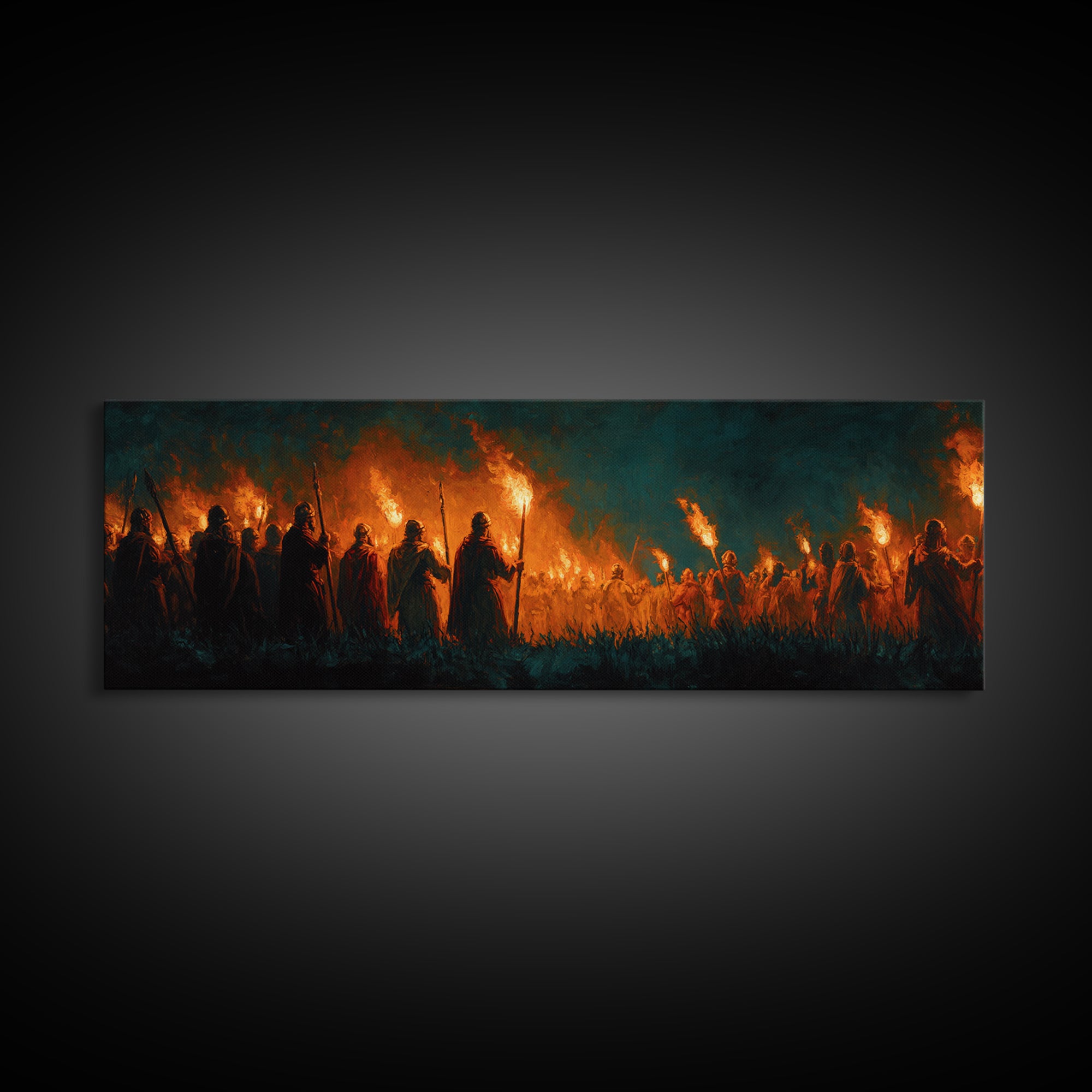Moody Fiery Torch Lit Night Procession Painting Wall Art Framed Canvas Print For Medieval Dark Romantic And Gothic Decor