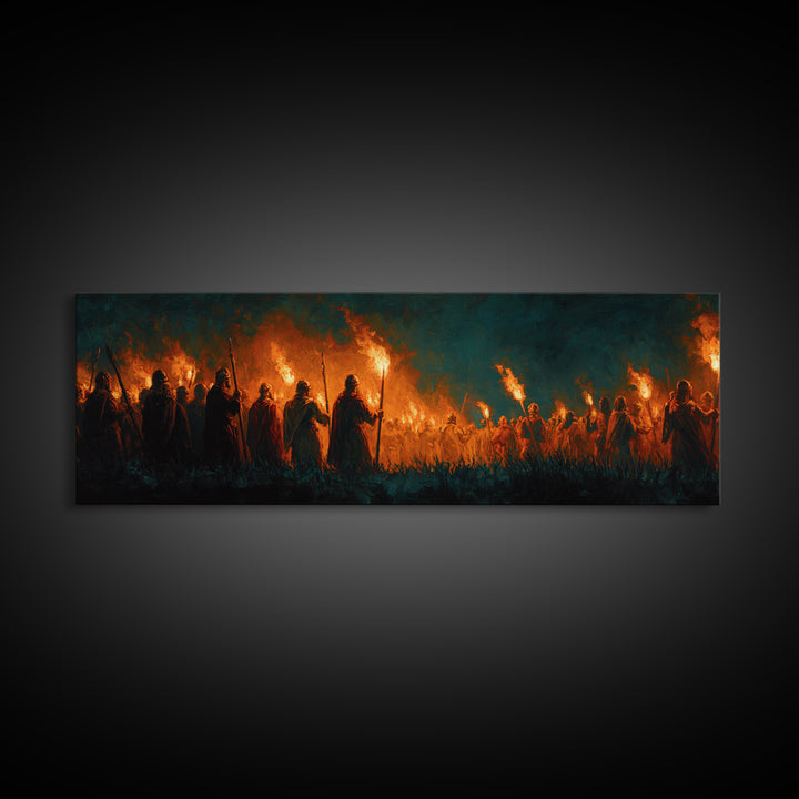 Moody Fiery Torch Lit Night Procession Painting Wall Art Framed Canvas Print For Medieval Dark Romantic And Gothic Decor