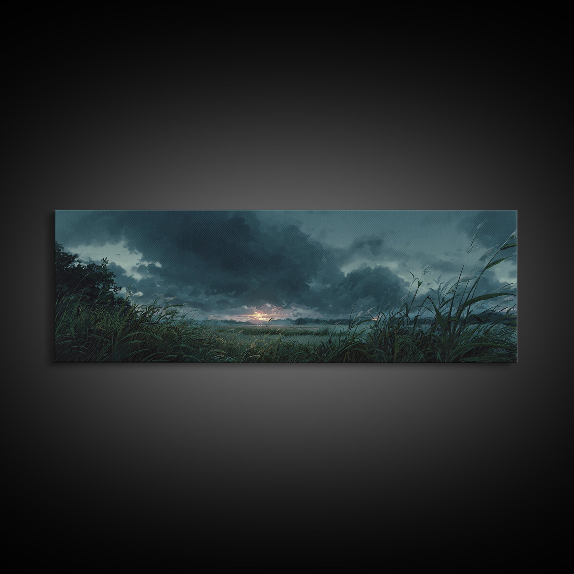 Dramatic Stormy Landscape Digital Painting With Lush Grasses and Dark Clouds Sunset Scene Canvas Print