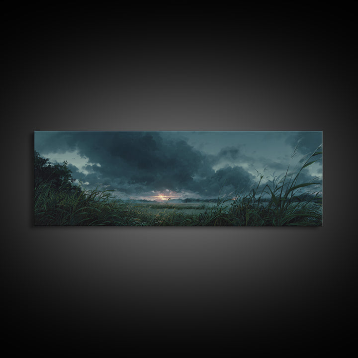 Dramatic Stormy Landscape Digital Painting With Lush Grasses and Dark Clouds Sunset Scene Canvas Print