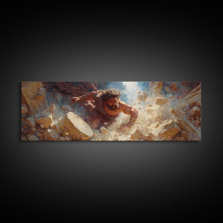 Strong Mythological Giant Breaking Rocks Epic Fantasy Painting Wall Art Canvas Print