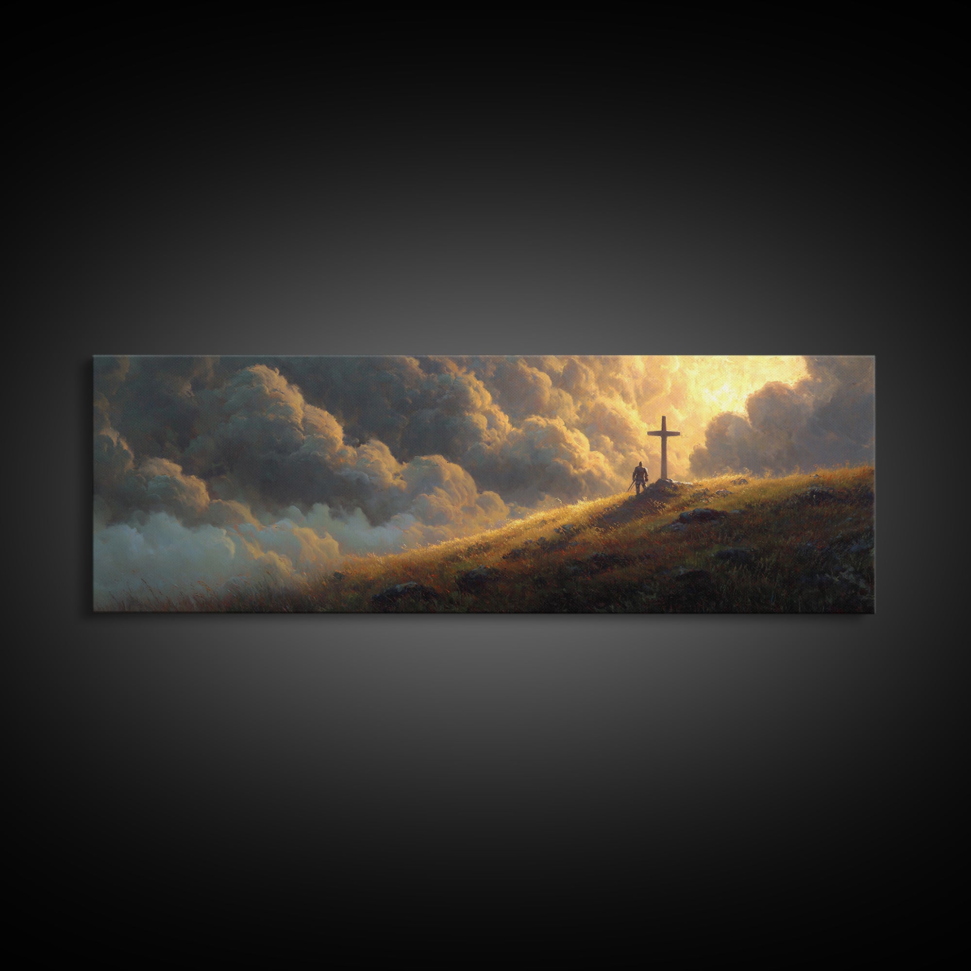 Mystical Knight Near Giant Cross Under Dramatic Sunset Clouds Fantasy Wall Art Canvas Print For Romantic And Spiritual Home Decor