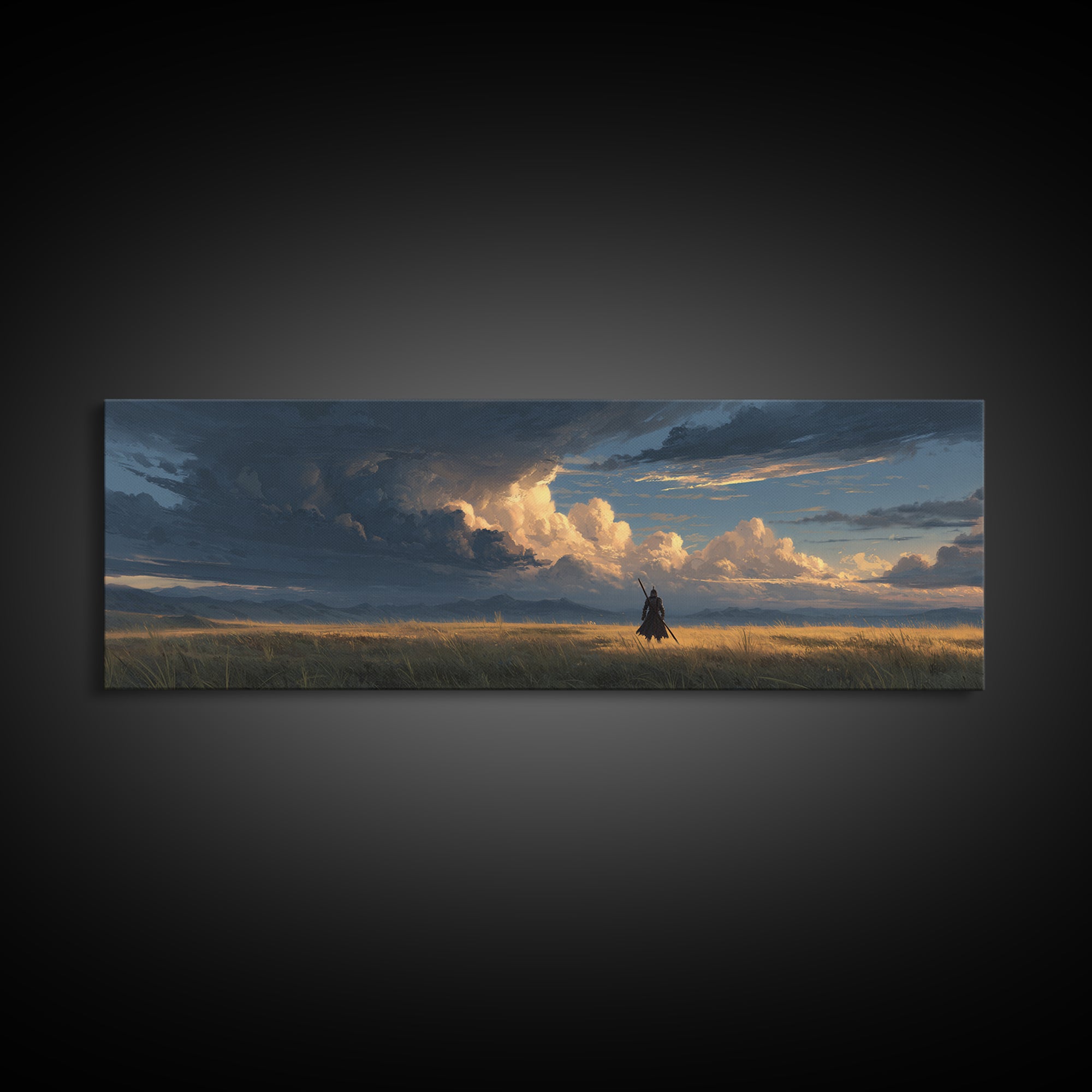 Knight In Field Under Dramatic Cloudscape Sunset Sky Wall Art Canvas Print For Rustic Living Room Decor And Gift For Him