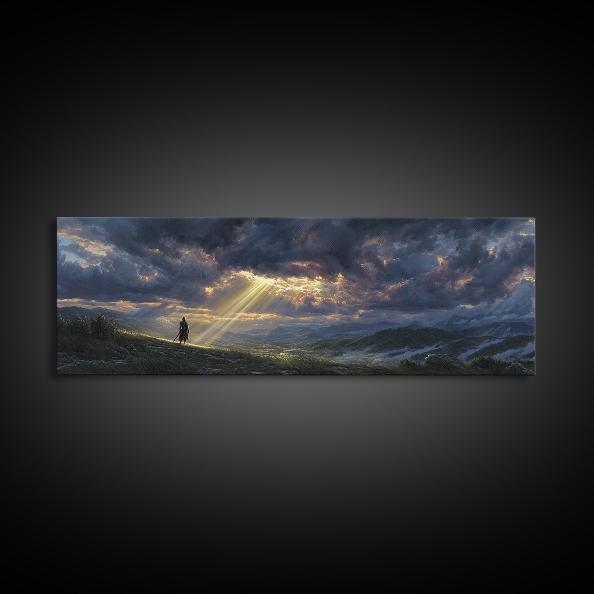Sunlight Breaking Through Stormy Clouds Over Knight In Vast Landscape Canvas Print Large Wall Art For Moody Home Decor