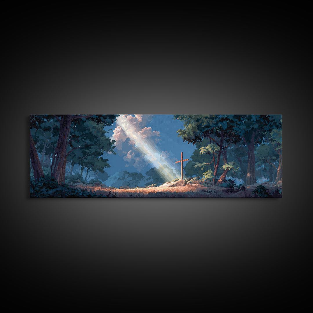 Sun Beam Lighting Cross On Hill With Forest Background Moody Religious Wall Art Canvas Print