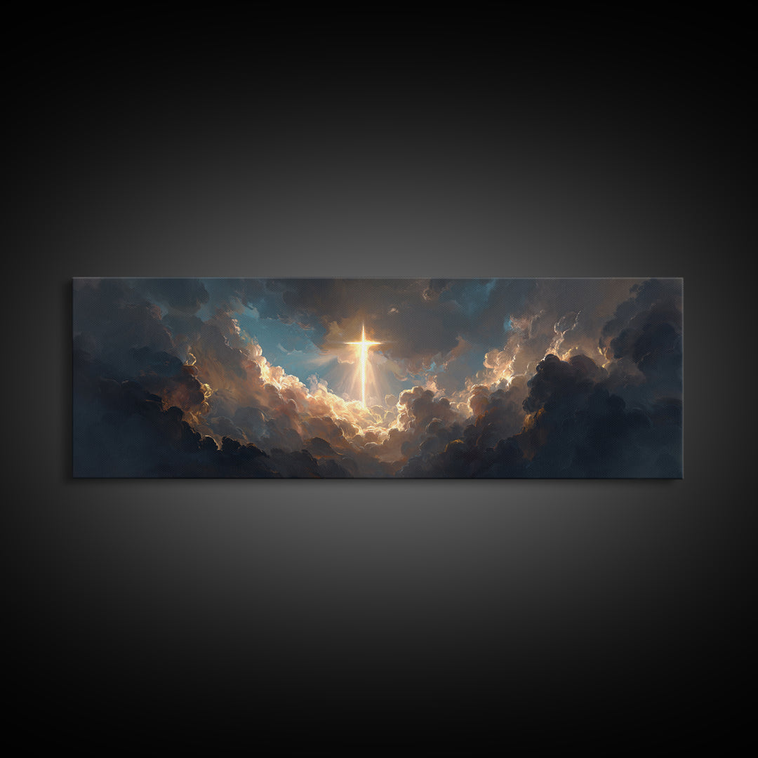 Majestic Gleaming Cross In Clouds Spiritual Religious Wall Art Framed Canvas Print Inspirational Home Decor