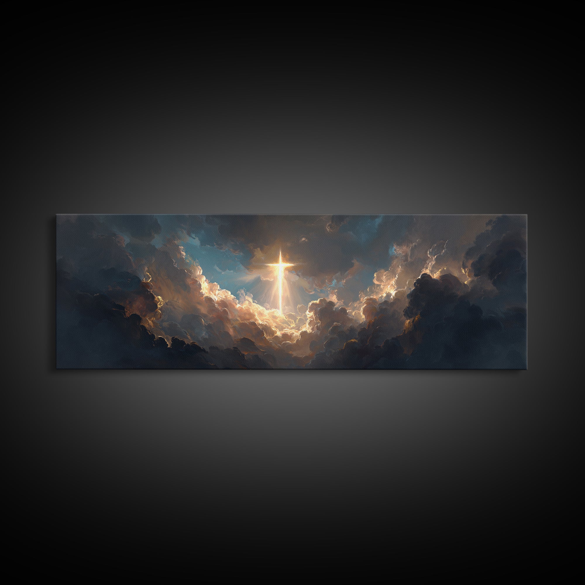 Majestic Gleaming Cross In Clouds Spiritual Religious Wall Art Framed Canvas Print Inspirational Home Decor