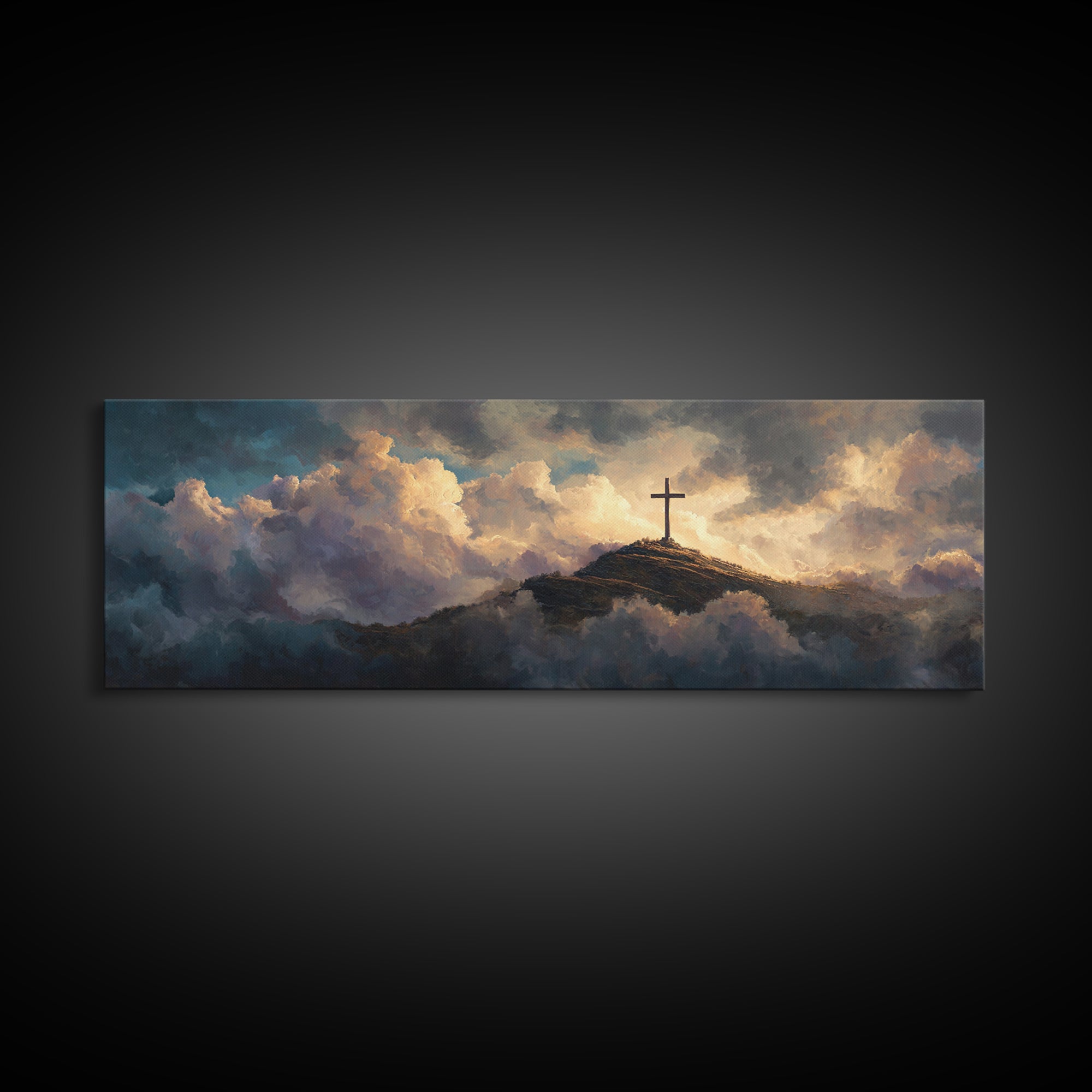 Solitary Cross Atop Mountain Amid Heavenly Clouds Wall Art Large Canvas Print Inspirational Christian Home Decor