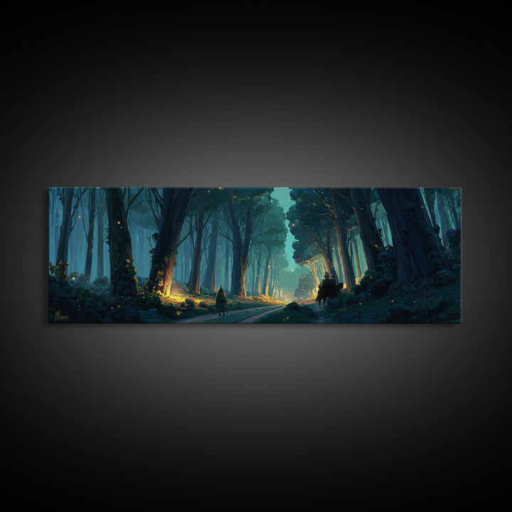 Mystical Enchanted Forest Pathway With Lanterns And Traveler Walking Horse Canvas Print