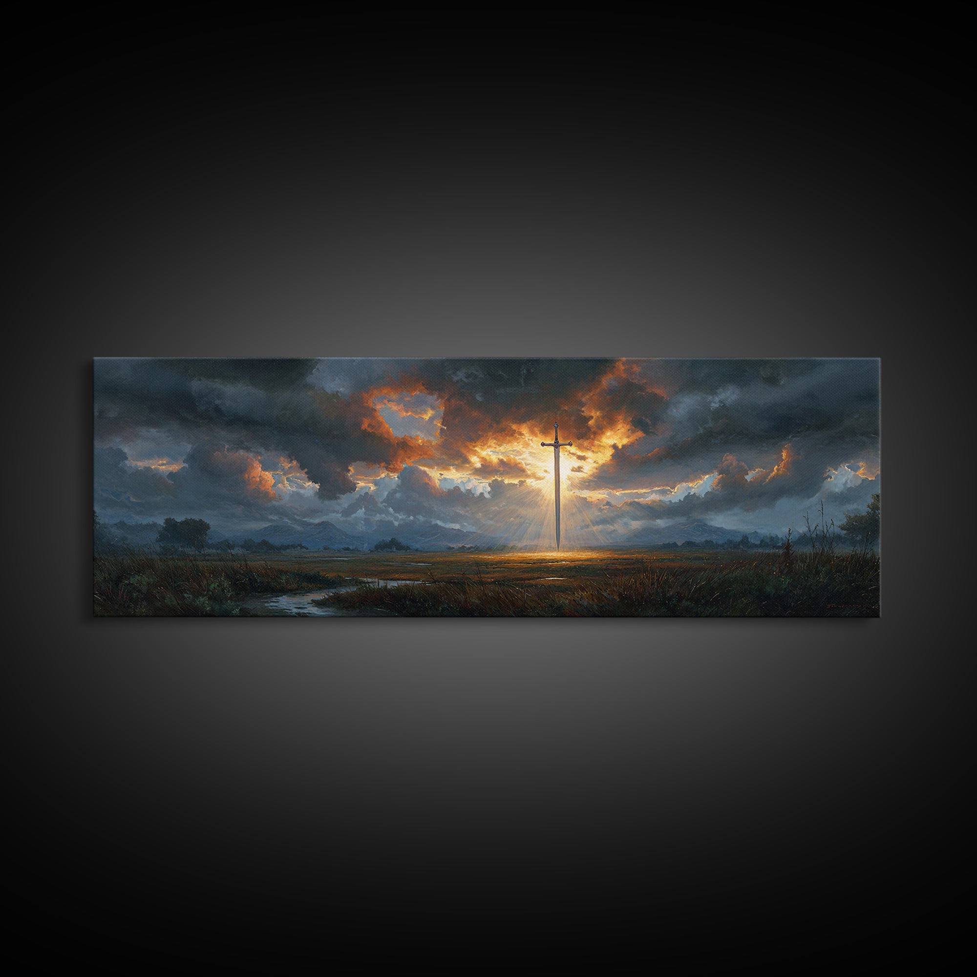 Dramatic Sword Light Rays Landscape Oil Painting Wall Art Framed Canvas Print with Realistic Fantasy Scene for Home and Office