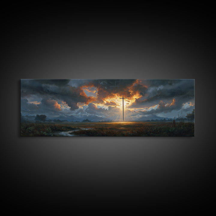 Dramatic Sword Light Rays Landscape Oil Painting Wall Art Framed Canvas Print with Realistic Fantasy Scene for Home and Office
