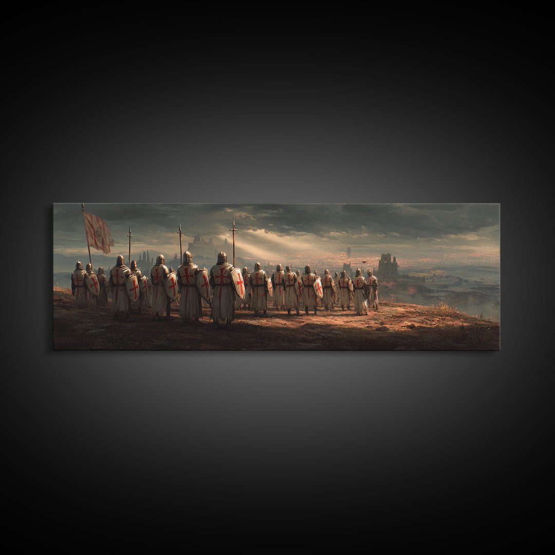 Medieval Knights With Cross Shields In Battlefield At Dusk Wall Art Framed Canvas Print For Living Room Decor