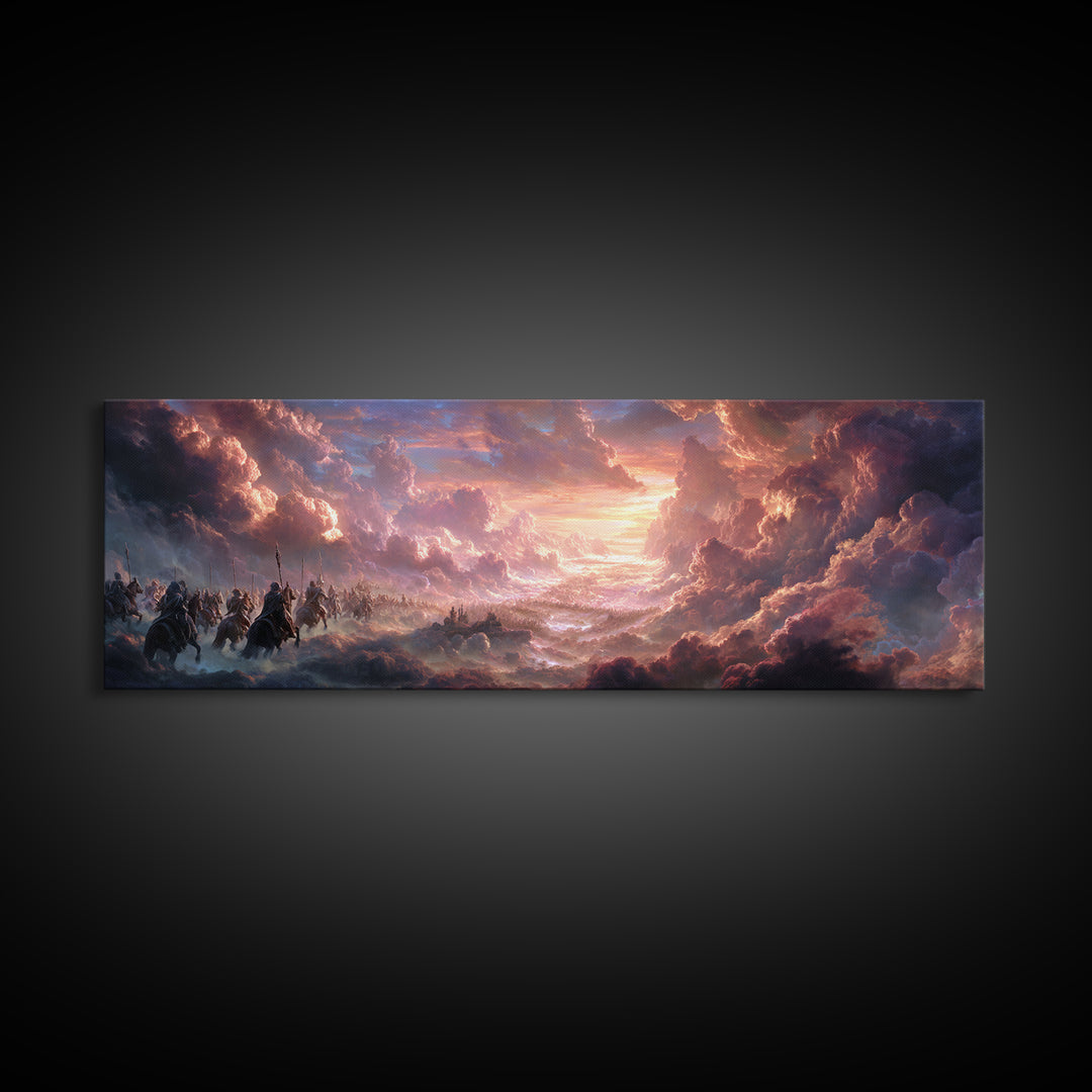 Epic Fantasy Army Charging Through Dramatic Clouds At Sunset Colorful Landscape Wall Art Framed Canvas Print