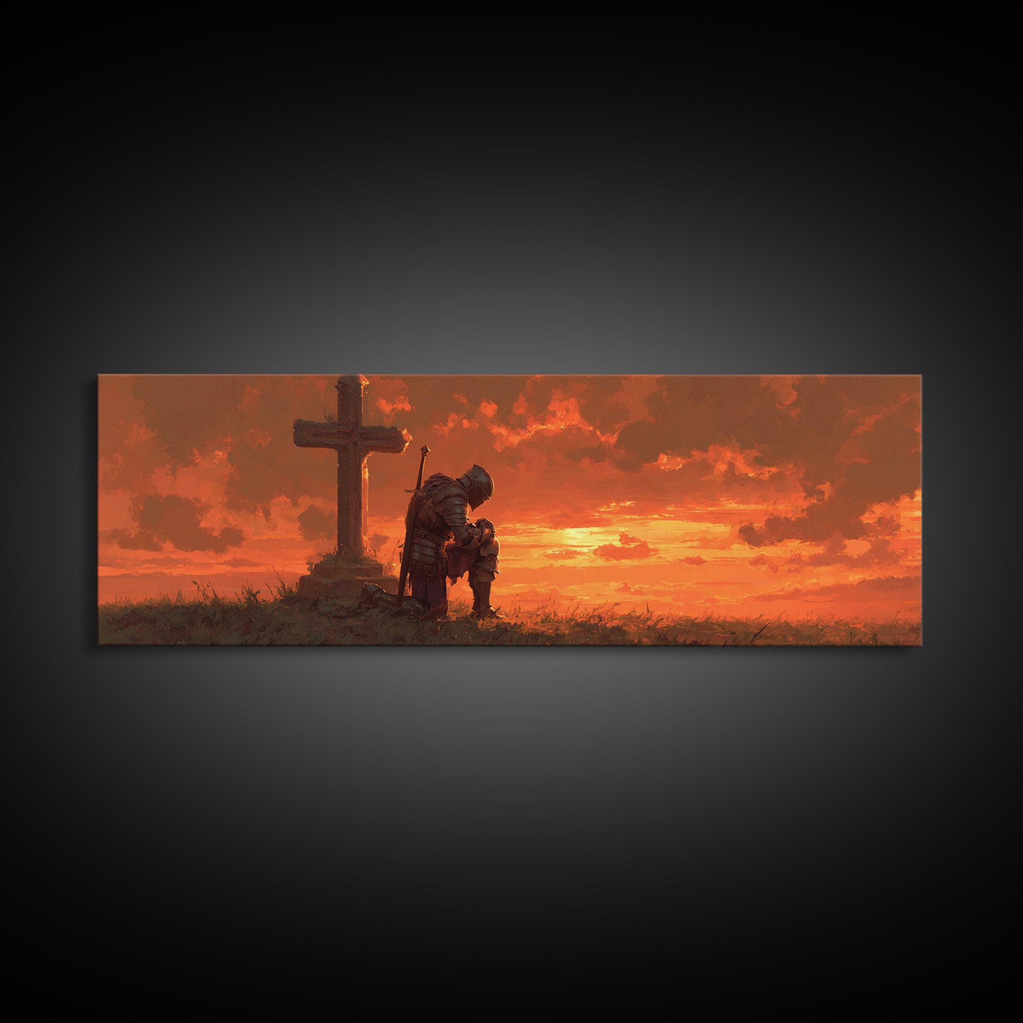 Knight In Armor Kneeling At Cross Dramatic Sunset Religious Framed Canvas Print Wall Art For Home