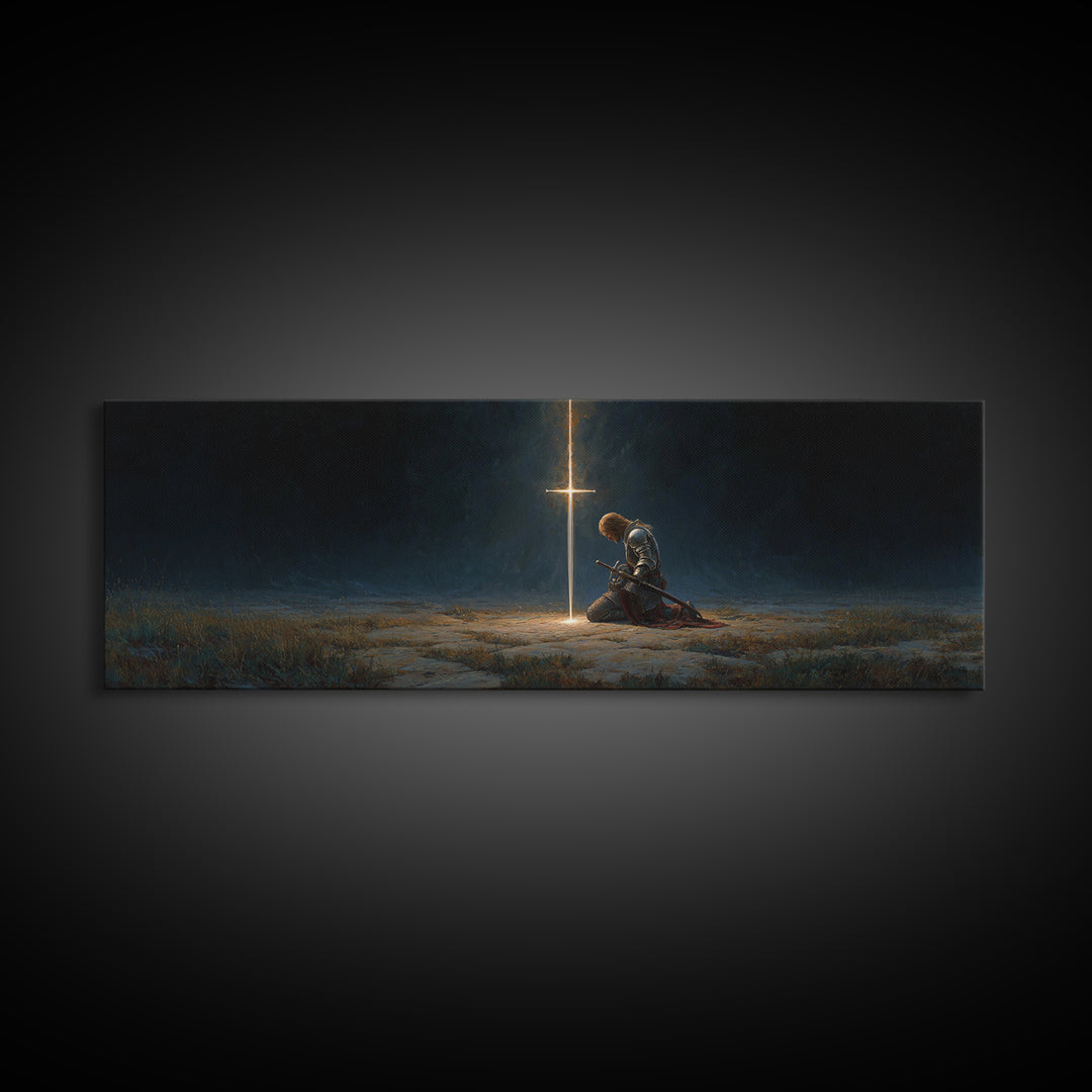 Medieval Knight Kneeling In Prayer Before Glowing Cross Fantasy Wall Art Framed Canvas Print Historic Decor