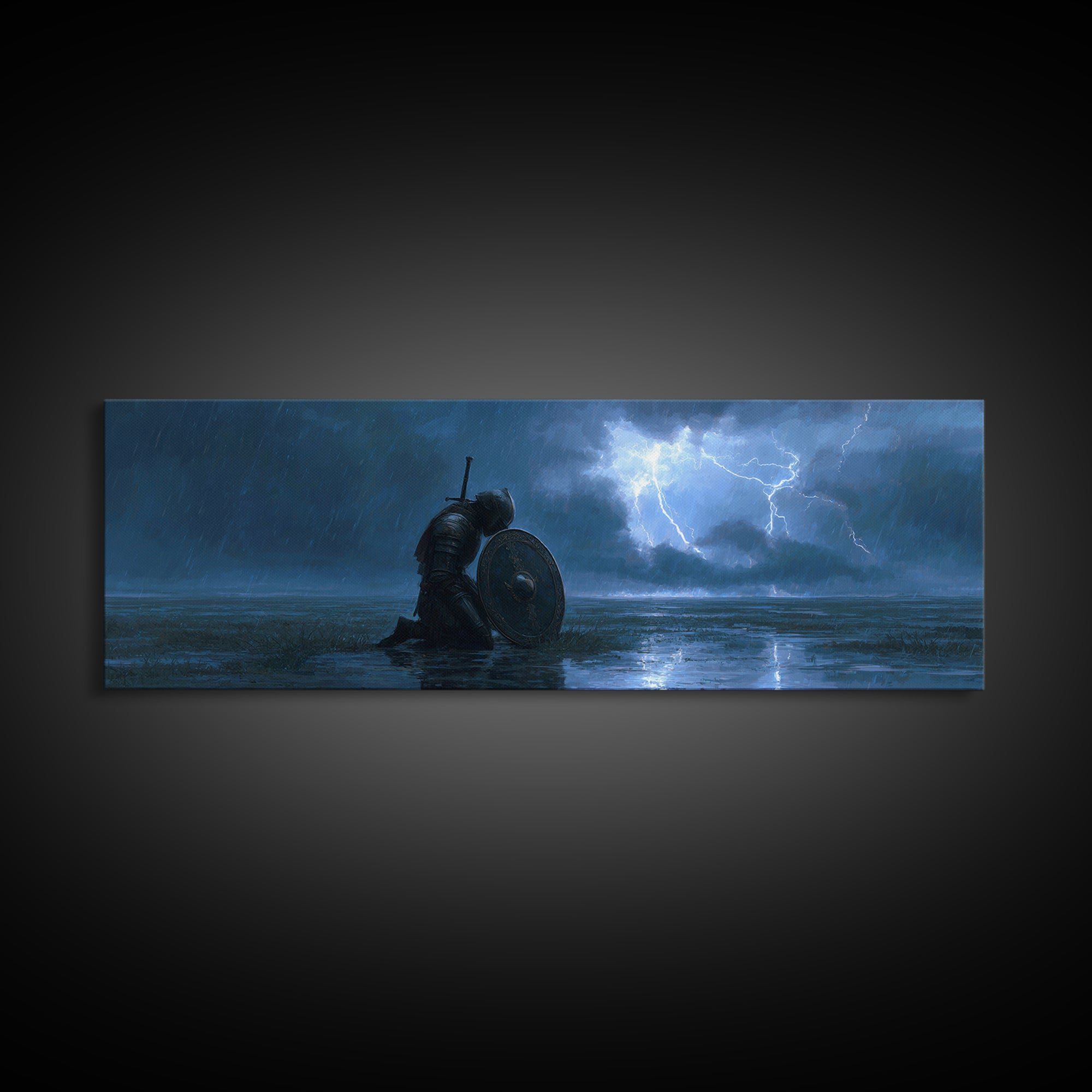 Medieval Knight Kneeling In Rain With Shield Lighting Stormy Sky - Canvas Print, Wall Art For Living Room, Office Decor, Gift For Him