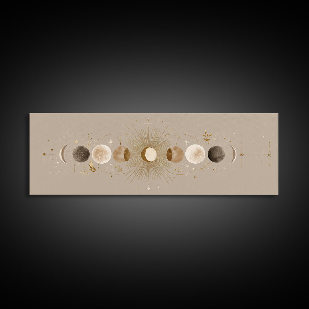 Moon Phases Celestial Wall Art, Gold Sun And Lunar Canvas Print, Neutral Boho Bedroom Decor, Mystical Above Bed Art Print