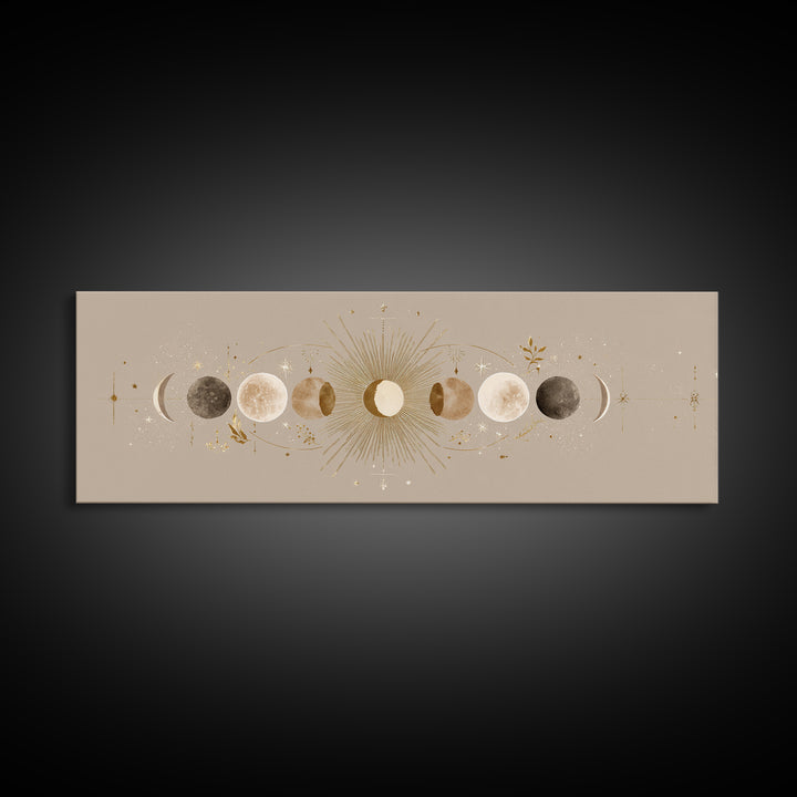 Moon Phases Celestial Wall Art, Gold Sun And Lunar Canvas Print, Neutral Boho Bedroom Decor, Mystical Above Bed Art Print