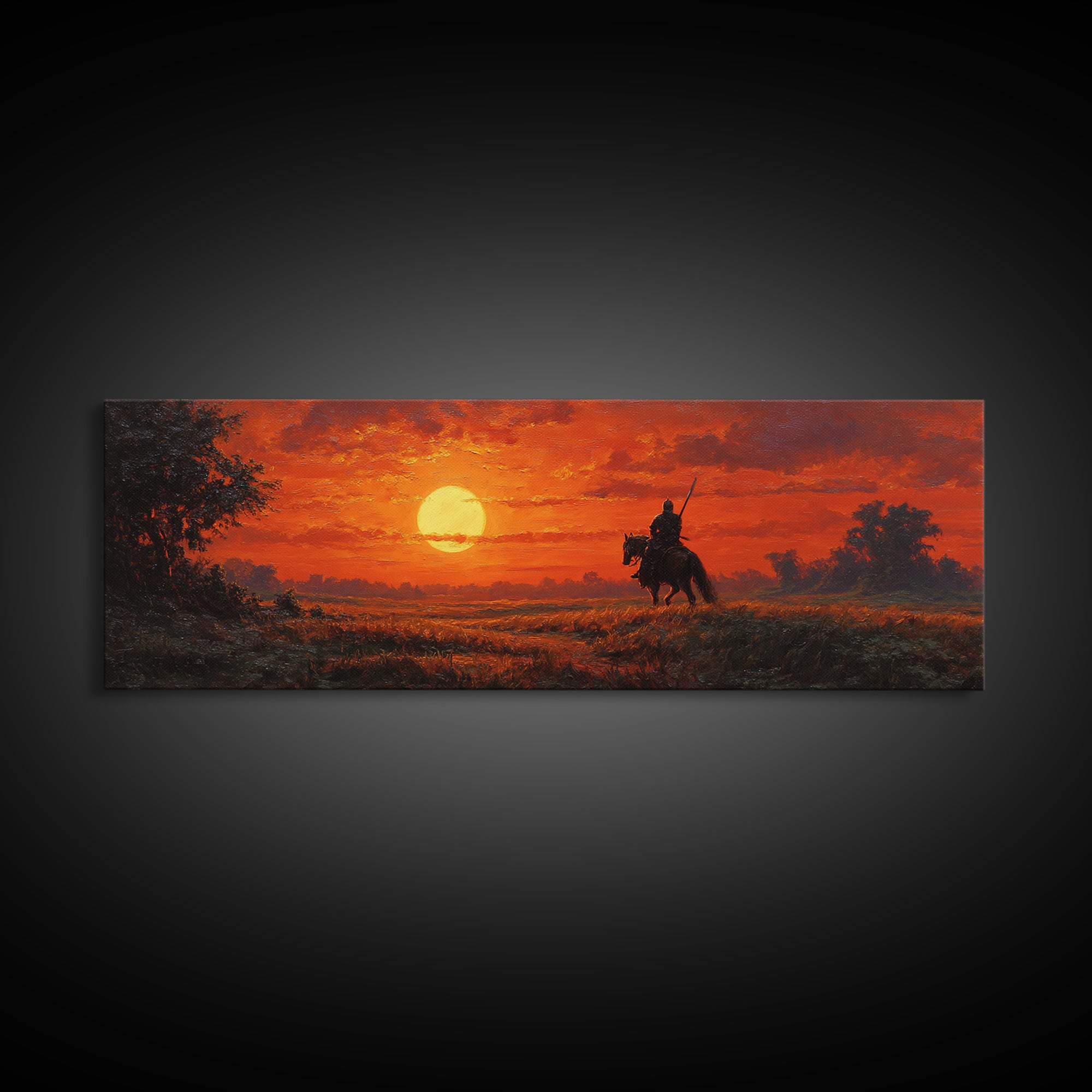Sunset Scene Painting Of Knight On Horseback In Golden Field Stunning Orange Sky Wall Art