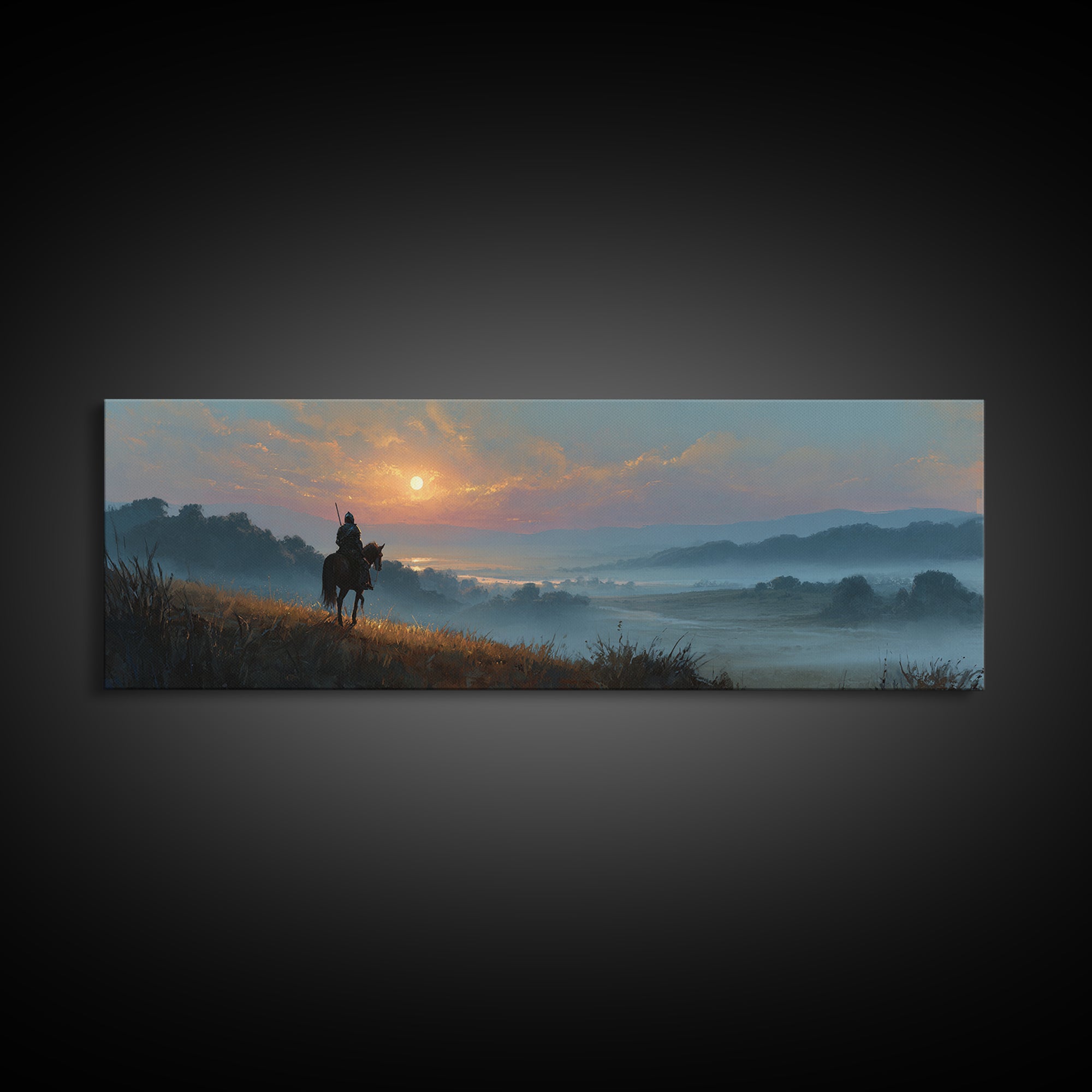 Knight On Horseback Overlooking Serene Valley At Sunset Landscape Wall Art Canvas Print For Calming Decor