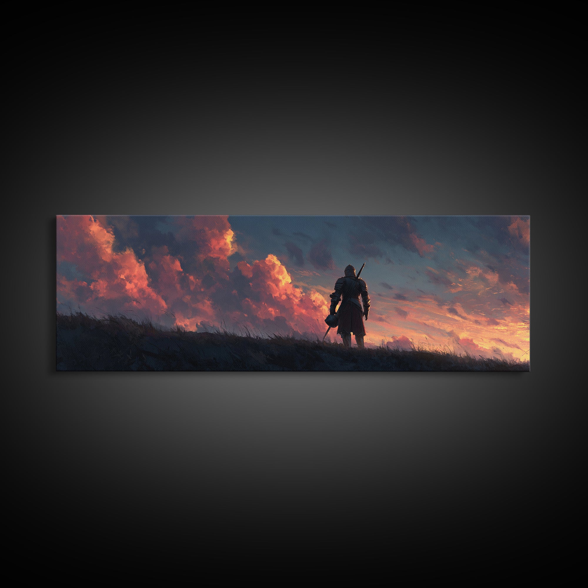 Medieval Knight Standing Against Dramatic Sunset Sky - Inspirational Wall Art Canvas Print For Bedroom And Office Decor