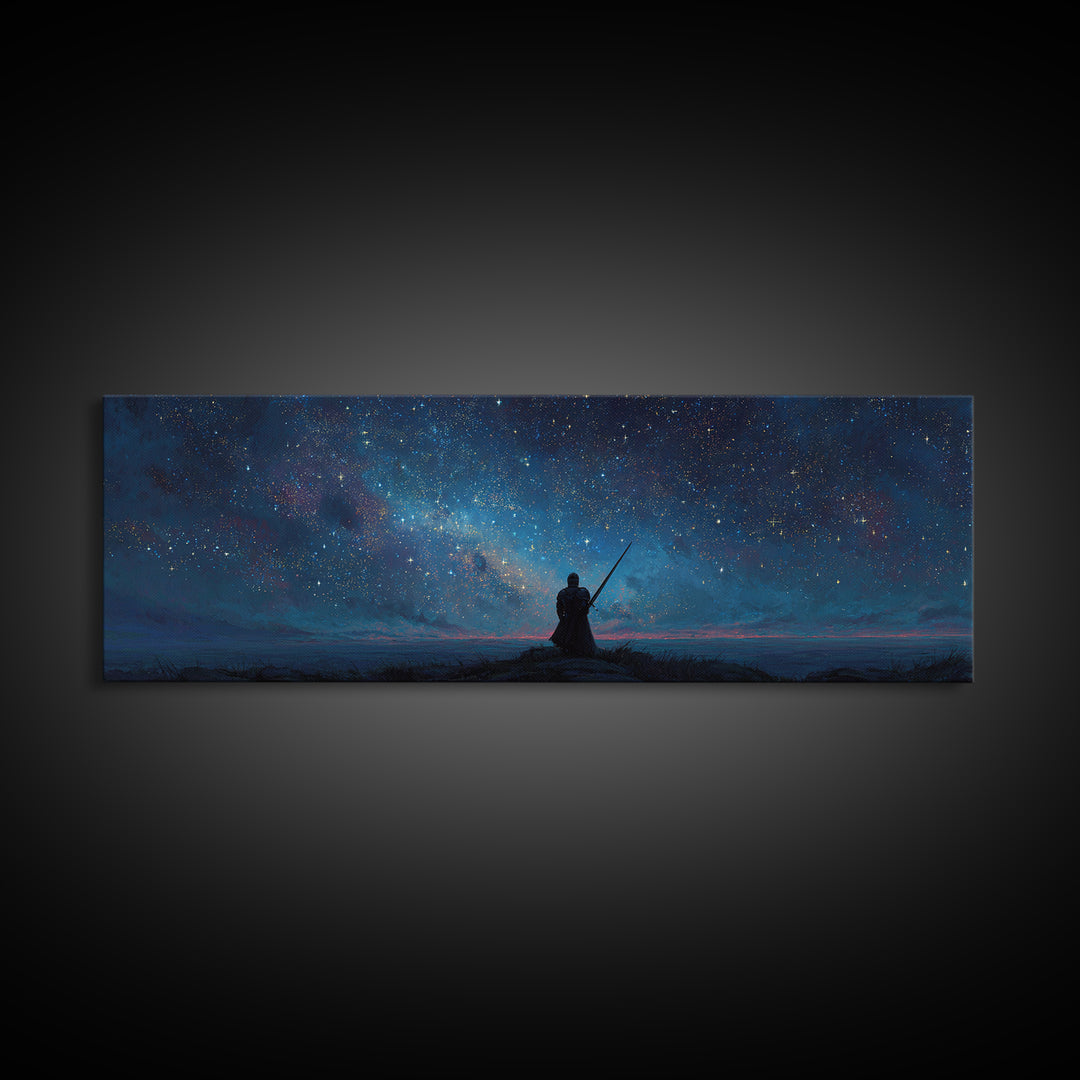 Magical Knight In Armor Under Starry Sky Night Landscape Wall Art Framed Canvas Print For Fantasy Decor