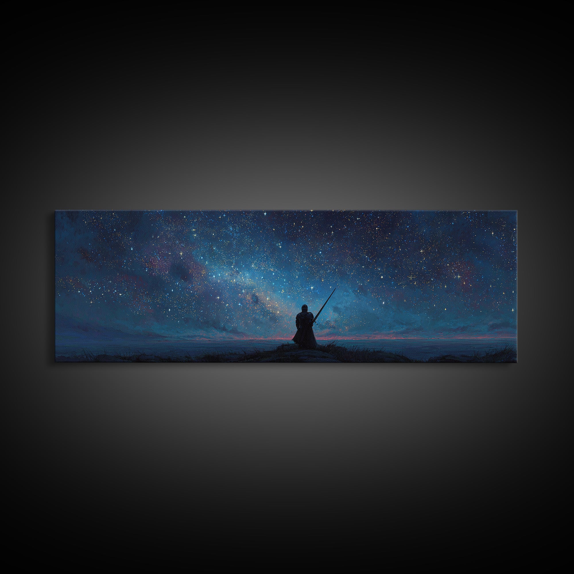 Magical Knight In Armor Under Starry Sky Night Landscape Wall Art Framed Canvas Print For Fantasy Decor