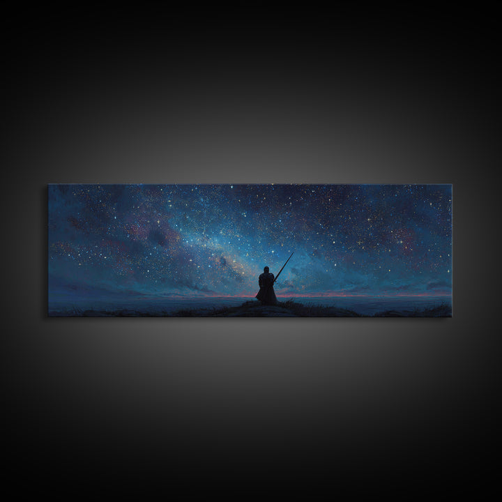 Magical Knight In Armor Under Starry Sky Night Landscape Wall Art Framed Canvas Print For Fantasy Decor