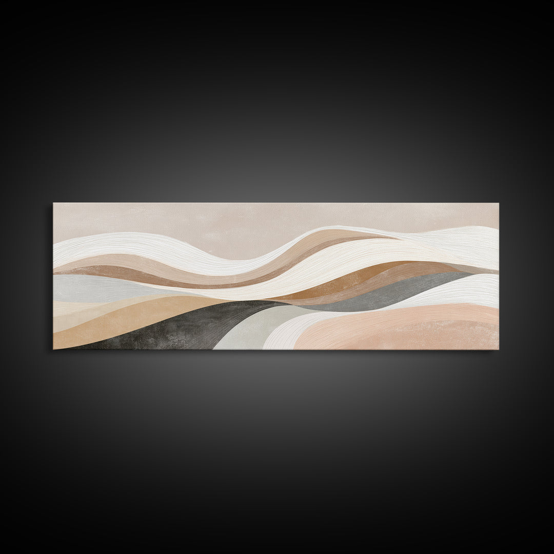 Layered Neutral Abstract Wall Art, Wavy Beige Canvas Print, Mid Century Modern Living Room Decor, Long Horizontal Art Print
