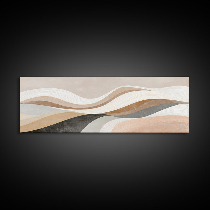 Layered Neutral Abstract Wall Art, Wavy Beige Canvas Print, Mid Century Modern Living Room Decor, Long Horizontal Art Print