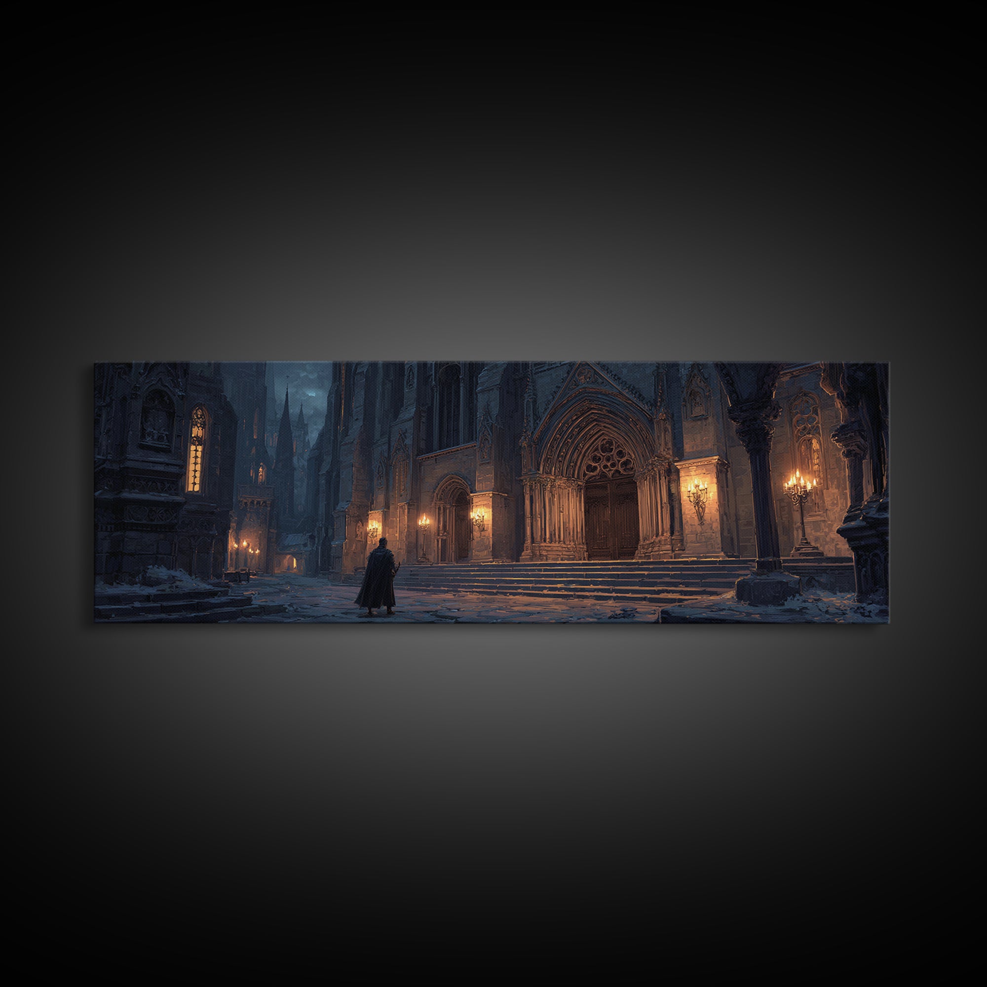 Dark Gothic Cathedral In Snow Framed Canvas Print, Moody Wall Art, Medieval Architecture Decor, Fantasy Cityscape Art Print