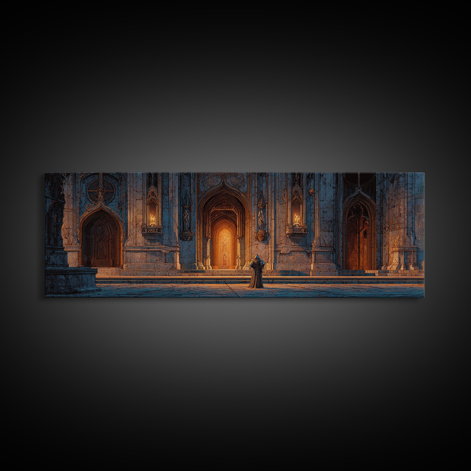Medieval Knight Standing Before Illuminated Gothic Cathedral Entrance Wall Art Framed Canvas Print