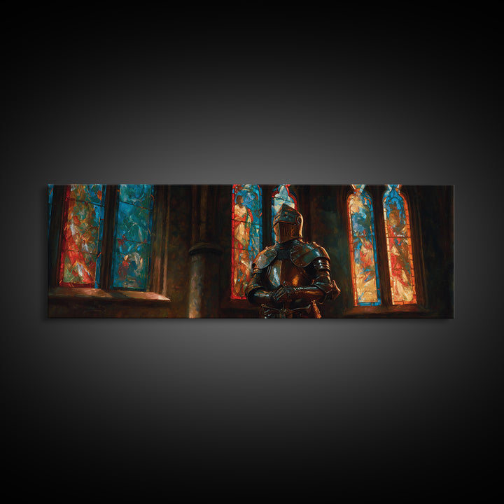 Praying Knight In Gleaming Armor Amid Stained Glass Windows Framed Canvas Print Medieval Religious Wall Art