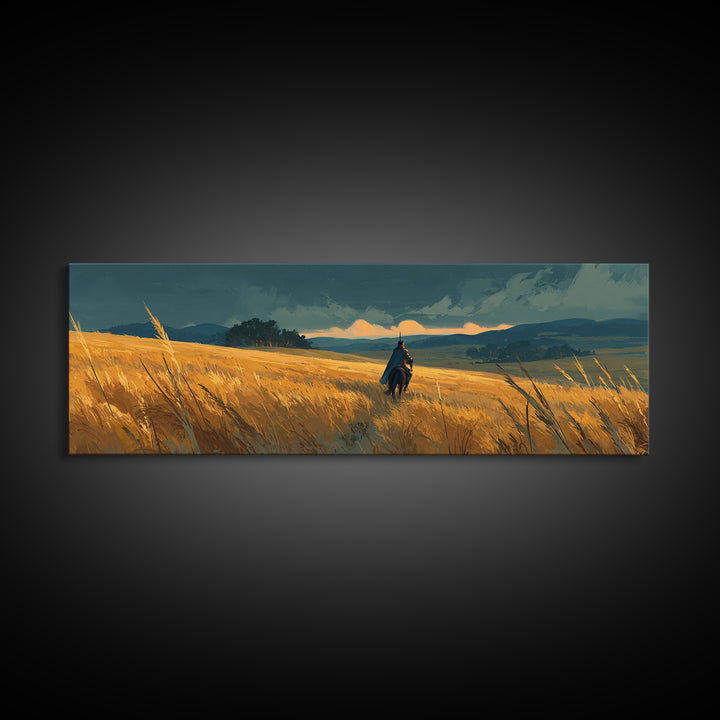 Solitary Knight Riding Through A Vast Golden Wheat Field At Sunset Landscape Canvas Print For Rustic Home Decor