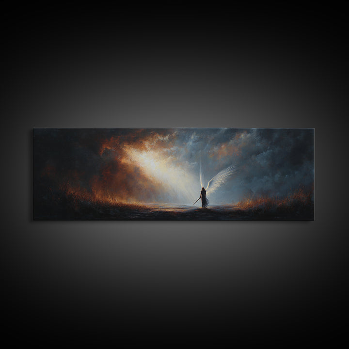 Vibrant Sunset Over Battlefield With Knight and Fallen Warriors Canvas Print Dramatic Medieval Wall Art For Home and Office Decor