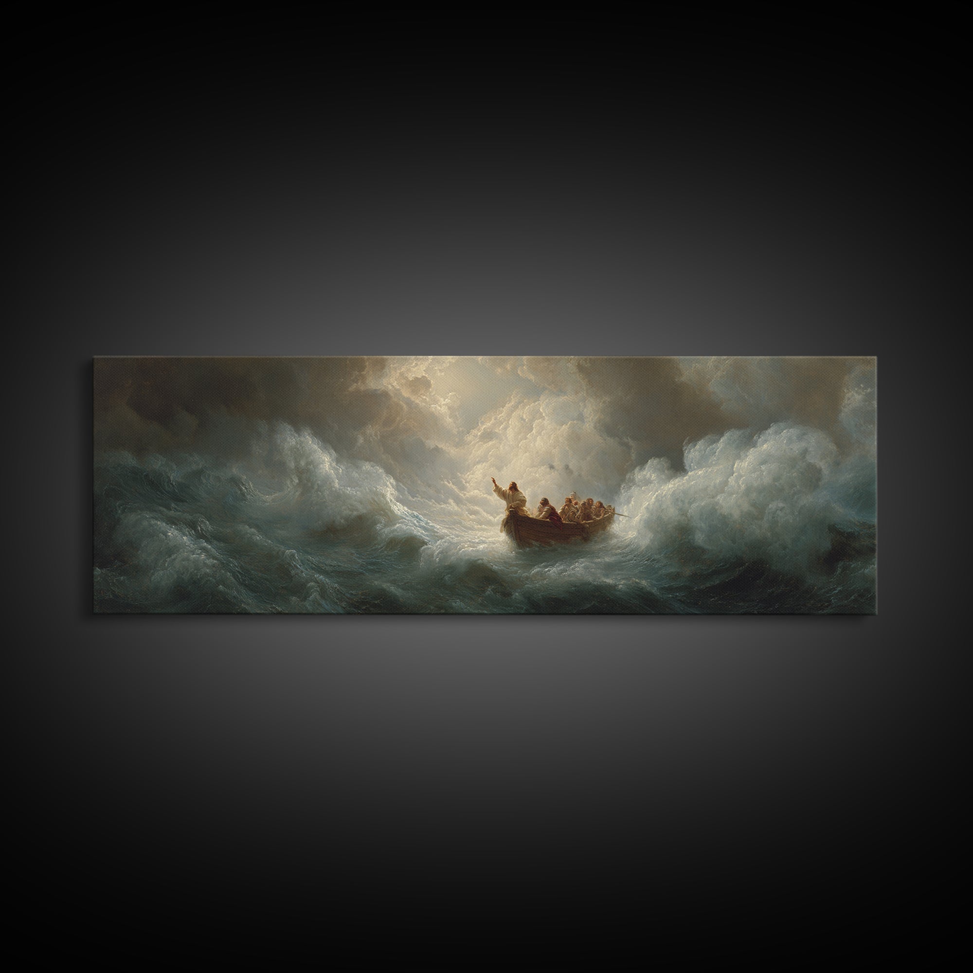 Tiny Boat In Stormy Ocean Waves Wall Art, Dramatic Seascape Painting, Biblical Sea Canvas Print, Moody Coastal Decor Gift