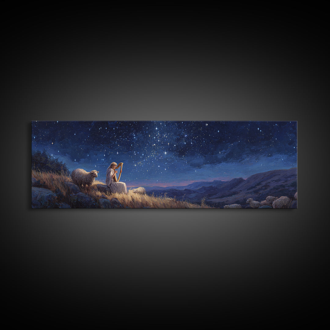 Serene Nighttime Scene of Woman Playing Harp Among Sheep Under Starry Sky Magical Landscape Wall Art Canvas Print