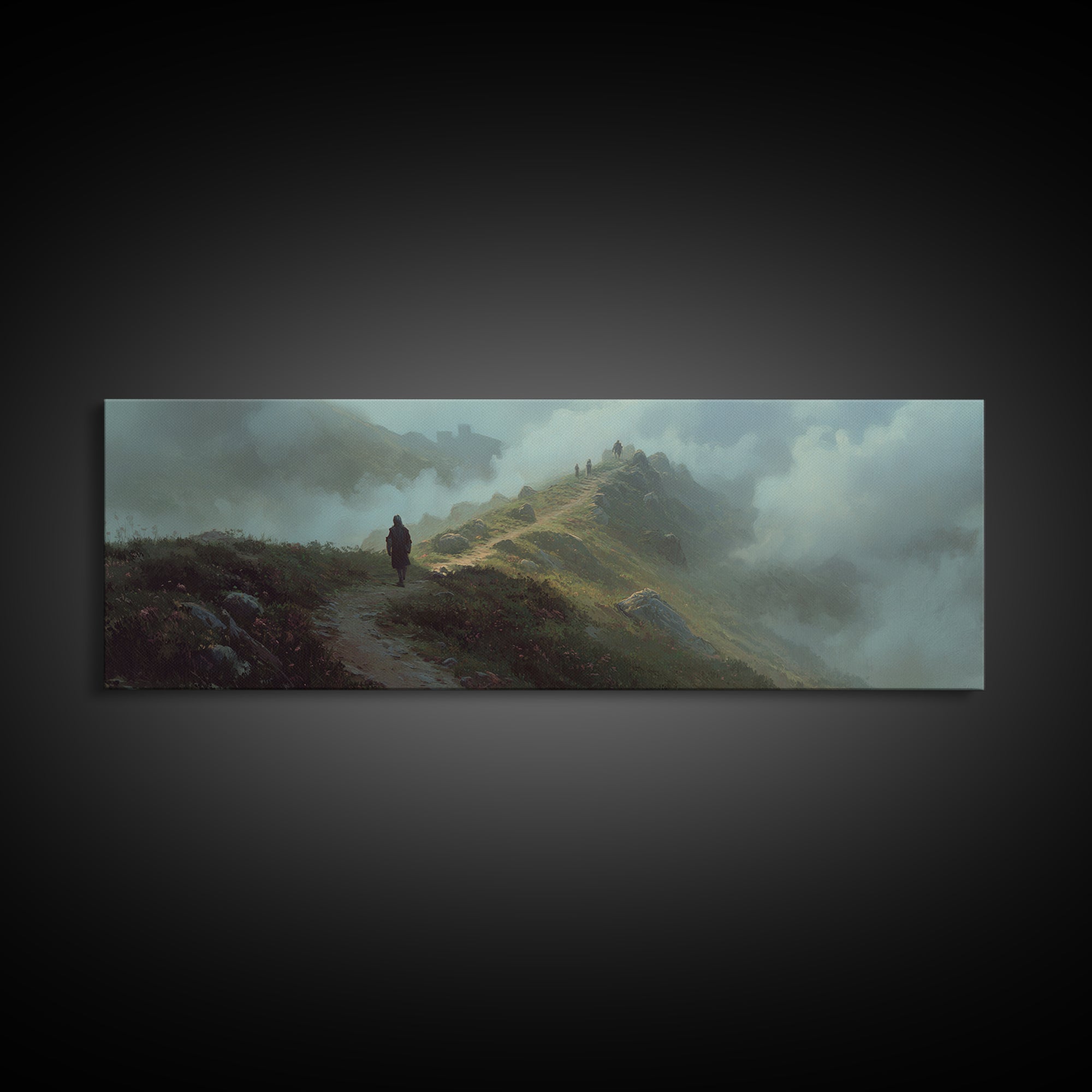 Epic Fantasy Landscape With Knight On Foggy Mountain Path Wall Art Framed Canvas Print For Bedroom Decor