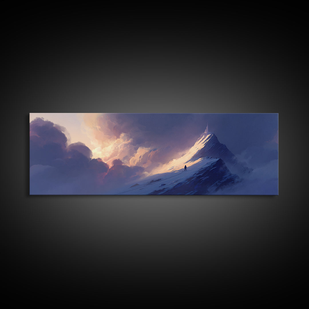 Epic Mountain Summit Climber Under Dramatic Sky Digital Painting Wall Art Framed Canvas Print For Adventure Home Decor